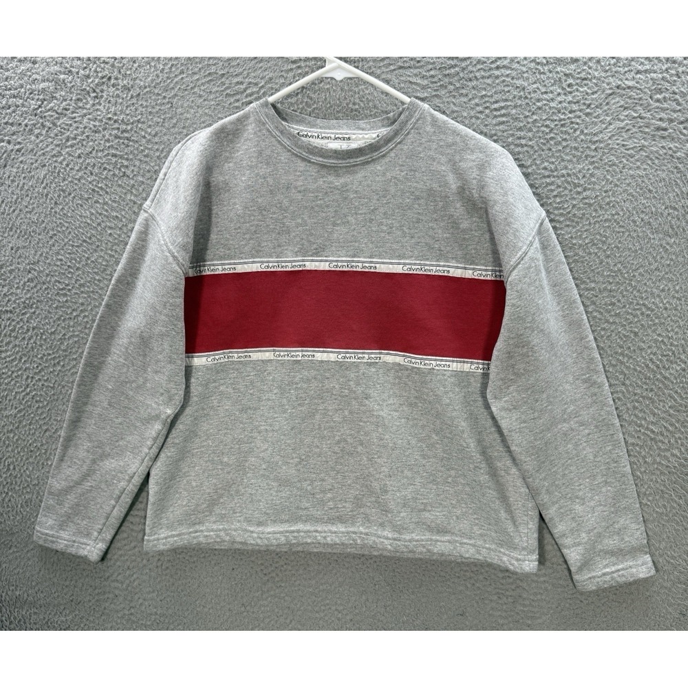 Calvin Klein Sweatshirt Womens Small Gray Red Crewneck‎ Pullover Sweater Preppy